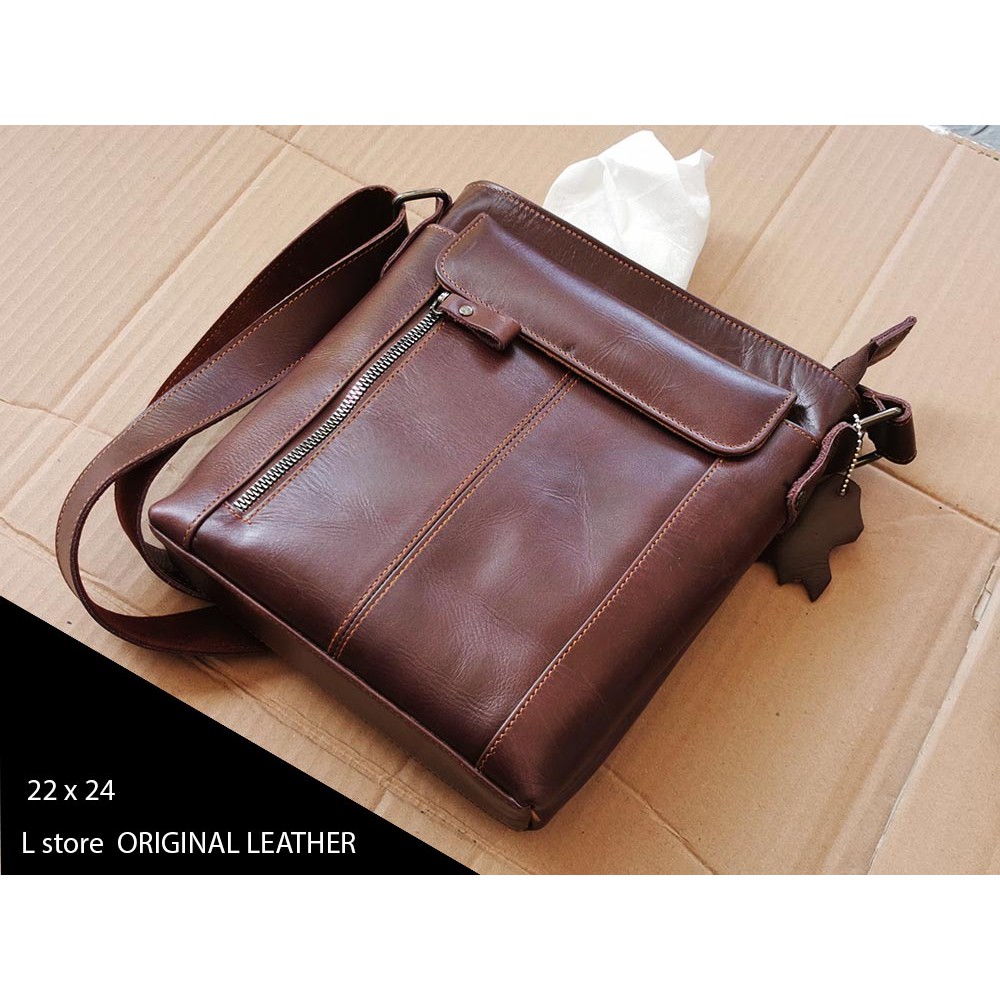 Tas Kulit Pria Oxford Leather Messenger / Sling Bag - Two Tone Brown