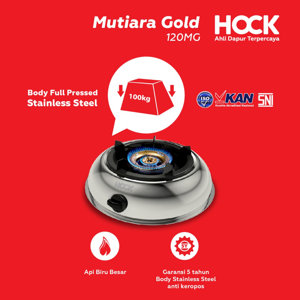 Kompor Hock Gas 1 Tungku Body Full Pressed Stainless Steel Mutiara Gold 120MG