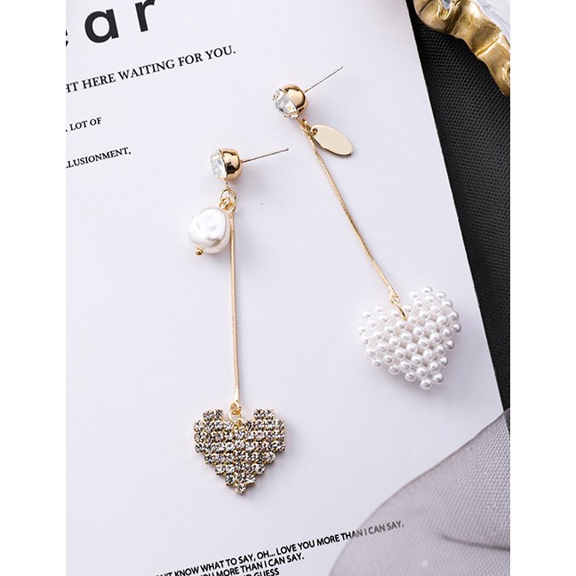 LRC Anting Tusuk Fashion Gold 925 Silver Needle Pearl Love Long Asymmetric Stud Earrings F54851