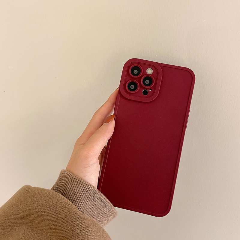 Korean Style！Red Wine Color Soft Silicon Case iP iPhone 7 8 + Plus X XR SE 2020 XS Max 11 12 13 Pro Max Camera Protector