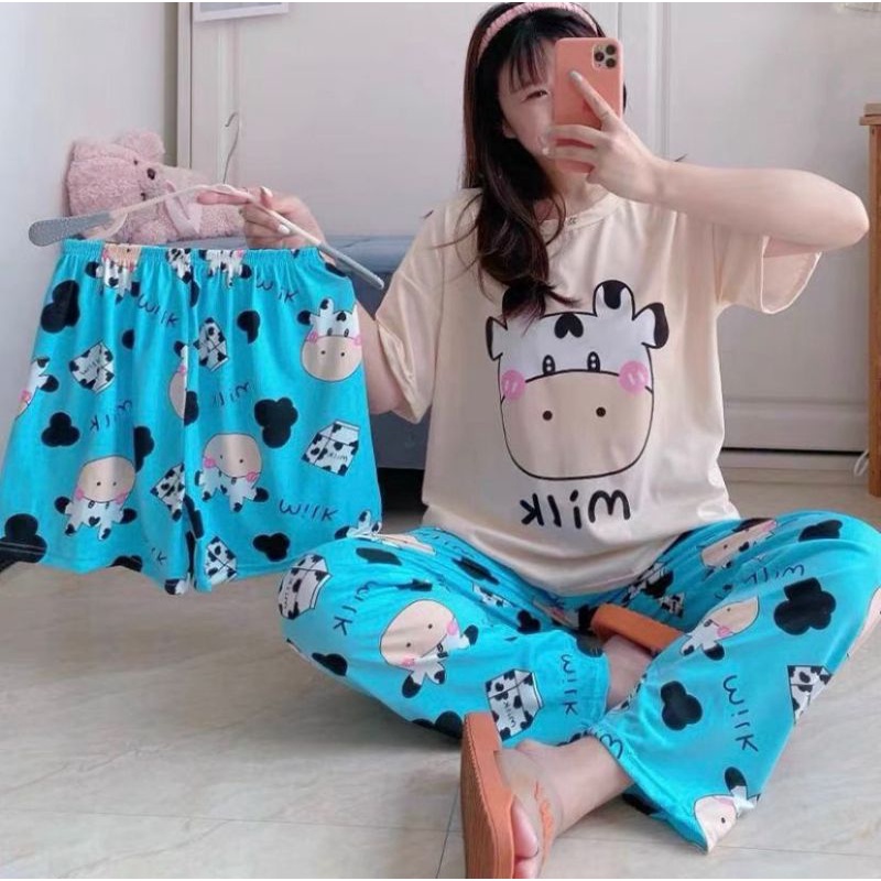 MDLV ~ BAJU TIDUR SET 3IN1 COW MILK BAJU TIDUR IMPORT CEWEK BEST SELLER PIYAMA DEWASA IMPORT