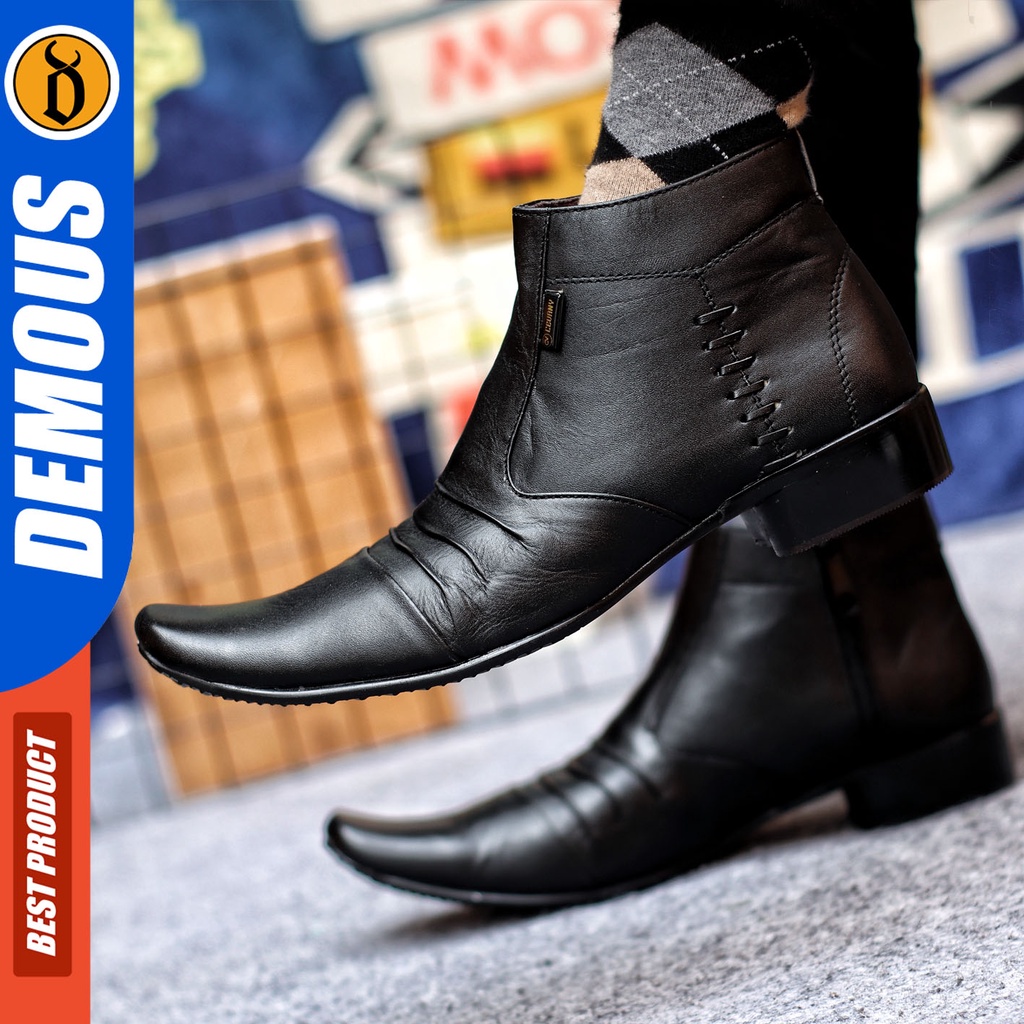 Sepatu Pantofel Pria Sepatu Formal Pria Kulit Asli Zipper Sepatu Pantopel Hitam Kerja Kantor DEMOUS BADAMI