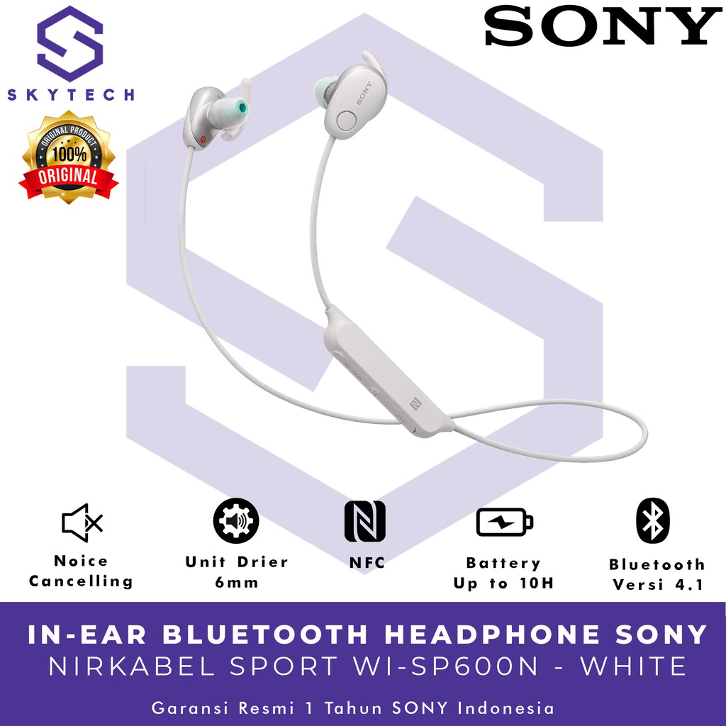 EARPHONE BLUETOOTH SONY WI SP600N WHITE ORIGINAL GARANSI RESMI