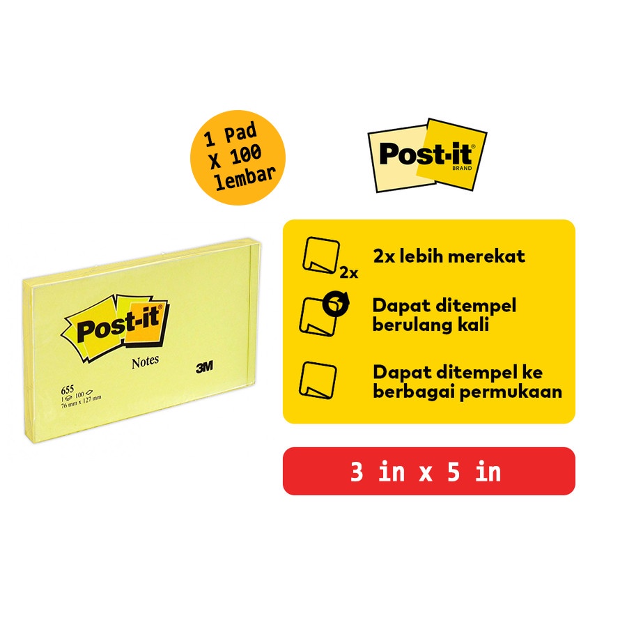

3M Post it memo pad 655 76x127mm 3 in x 5 in Yellow Per pad