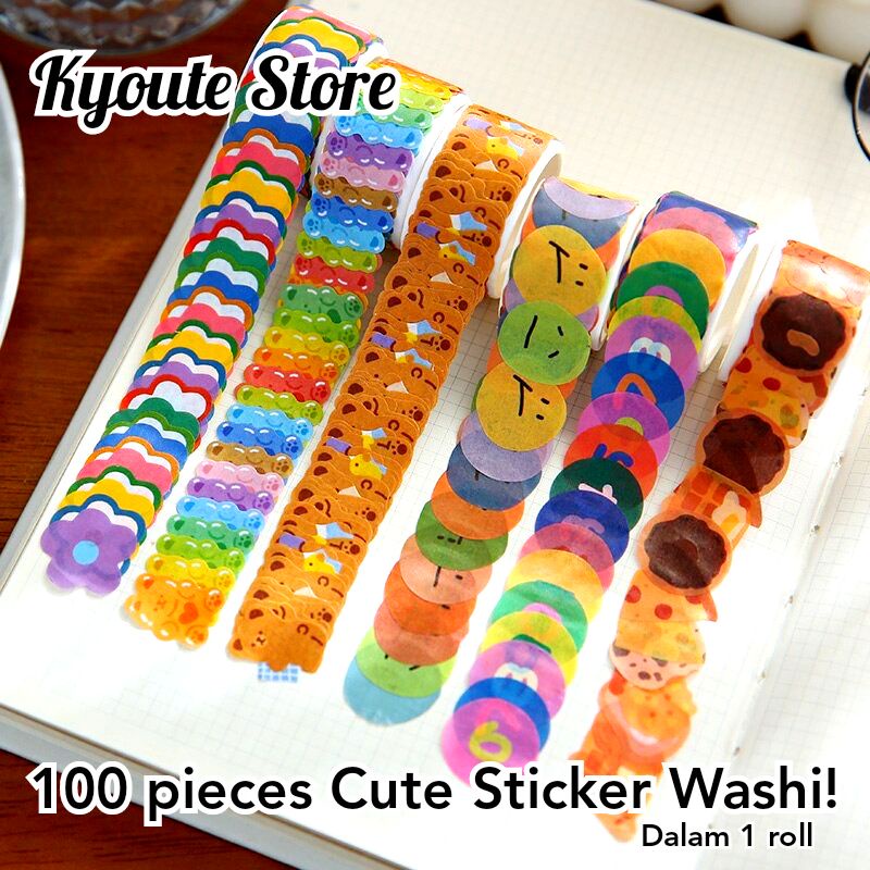 

100 pcs Sticker Washi Cute Bear Food Flower Number Smiley Dekorasi Scrapbook DIY Bujo Journal Seal