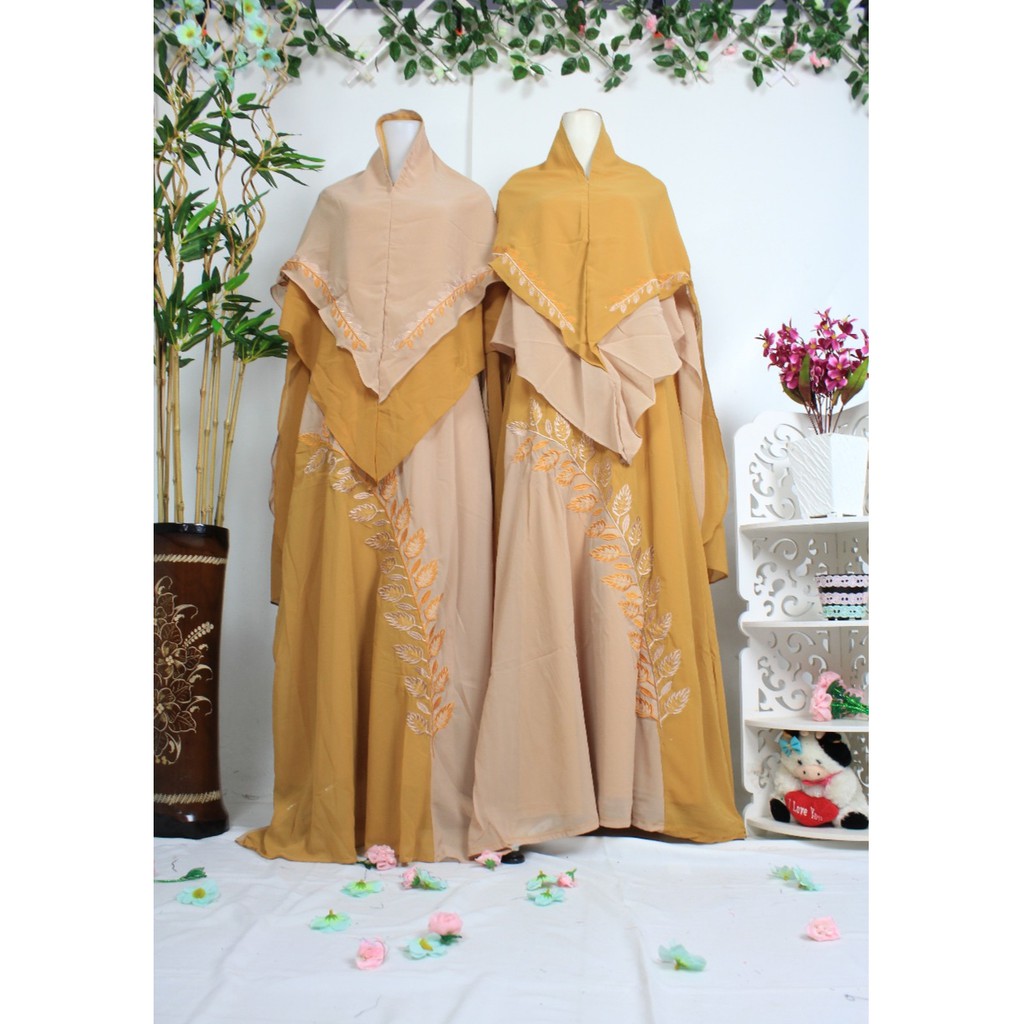 Gamis  CERUTY SET KHIMAR MARETA ceruty motif daun