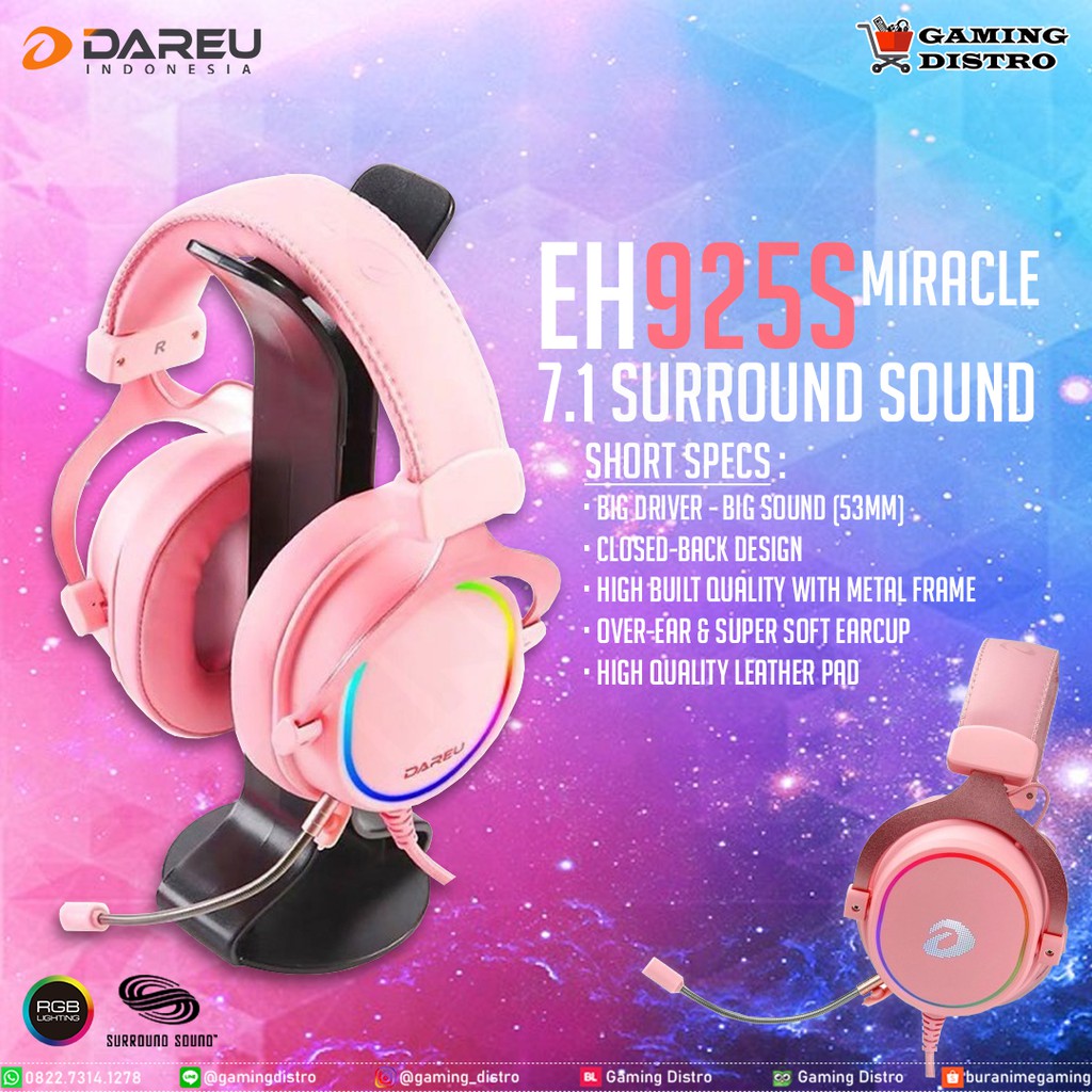Headset Gaming Dareu Magic EH925s PINK RGB - Dareu EH-925s PINK RGB
