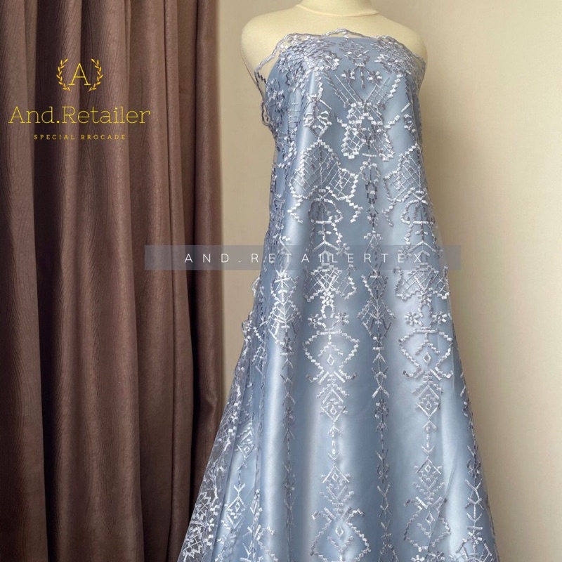 Bahan Kebaya Premium Etnik Tile Bordir Aphrodite Warna Silver Blue Metalic Design By Sapto