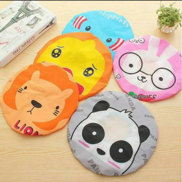 Shower Cap Penutup Rambut Untuk Keramas Motif Singa Panda Kelinci Bebek Gajah