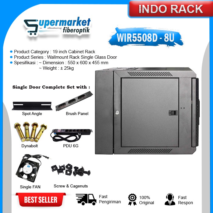 INDORACK Rack Server Wallmount Rack Double Door 8U WIR5508D Depth 550mm