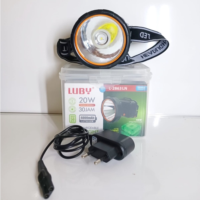 New Senter Kepala/Headlamp Tahan Air Luby L-2863LN LED 20 Watt Rechargeable 4000 mAh