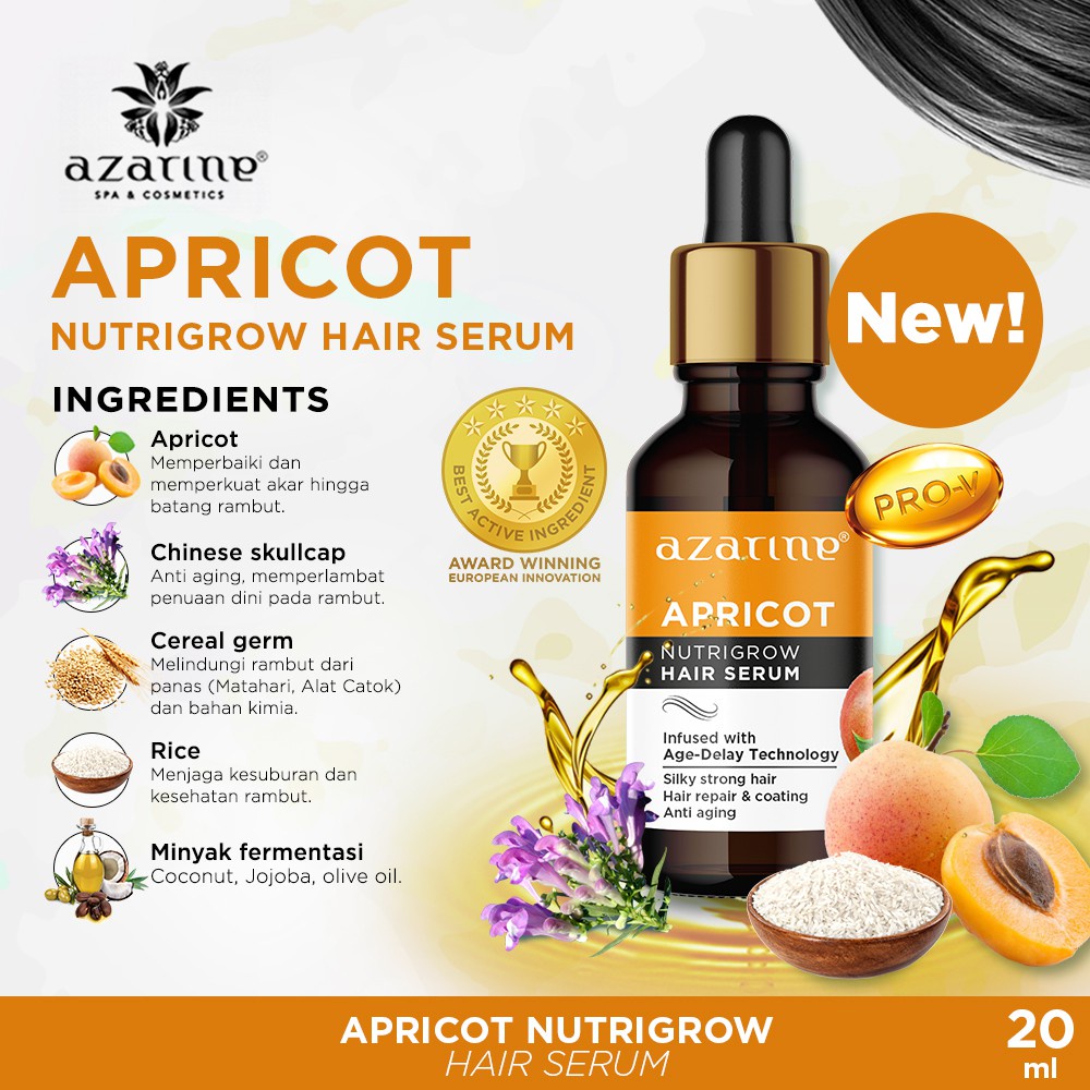 SERUM RAMBUT Azarine Nutrigrow Hair Serum Apricot 20ml - Mencegah Uban dan Menguatkan Rambut - Untuk Rambut &amp; Alis