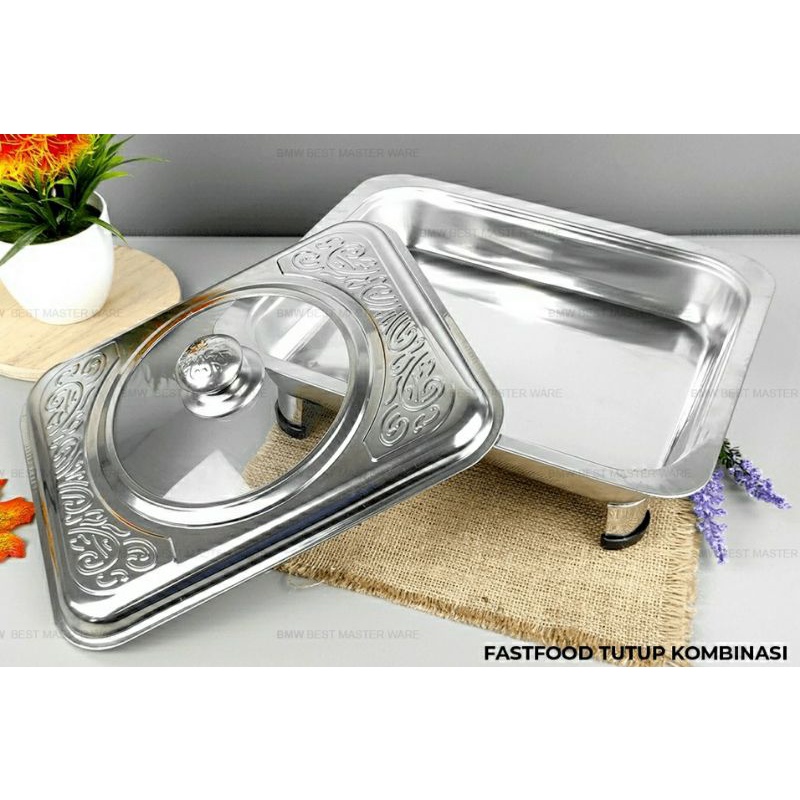 Tempat lauk makan panci prasmanan piring saji catering makanan tutup kaca stainless steel tanpa karat