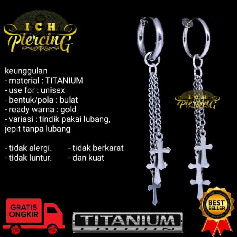 anting Hoop rantai salib 3 / anting titanium silver tindik dan jepit / ICH PIERCING