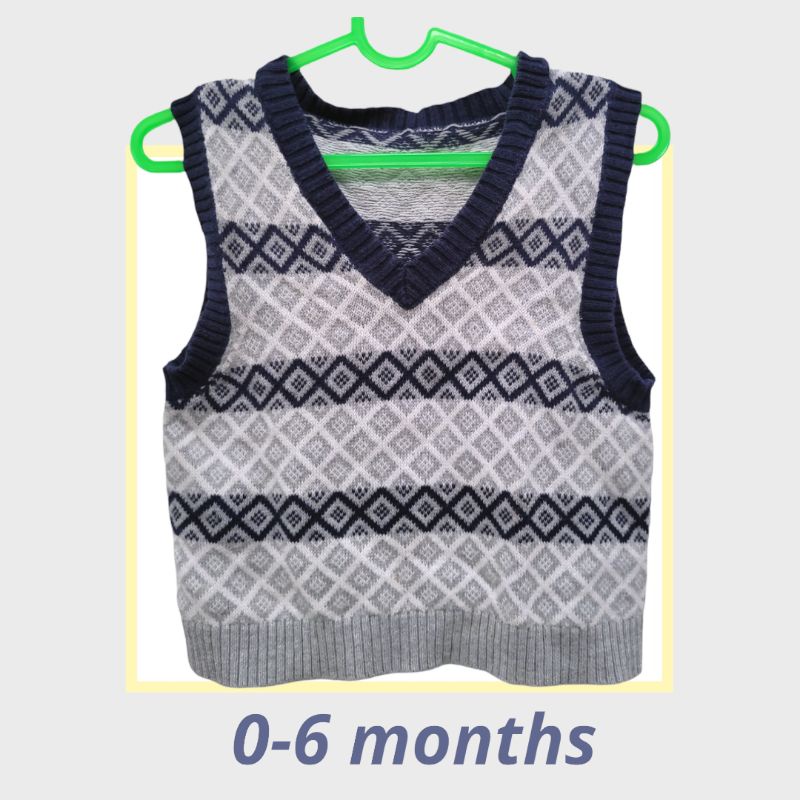 PRELOVED Baju Vest Rompi Outer Anak Bayi Rajut Diamond Abu Navy 0-6 months