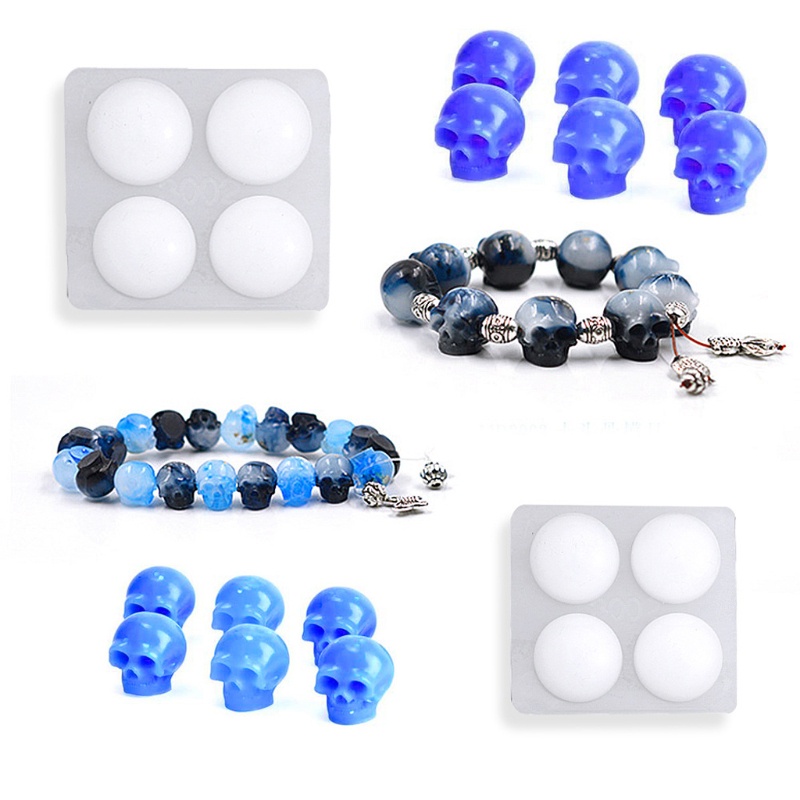 SIY  2Pcs Skull Head Bead Resin Mold Skull Beaded Bracelet Pendant Necklace Jewelry Silicone Resin Casting Mold Craft Tools