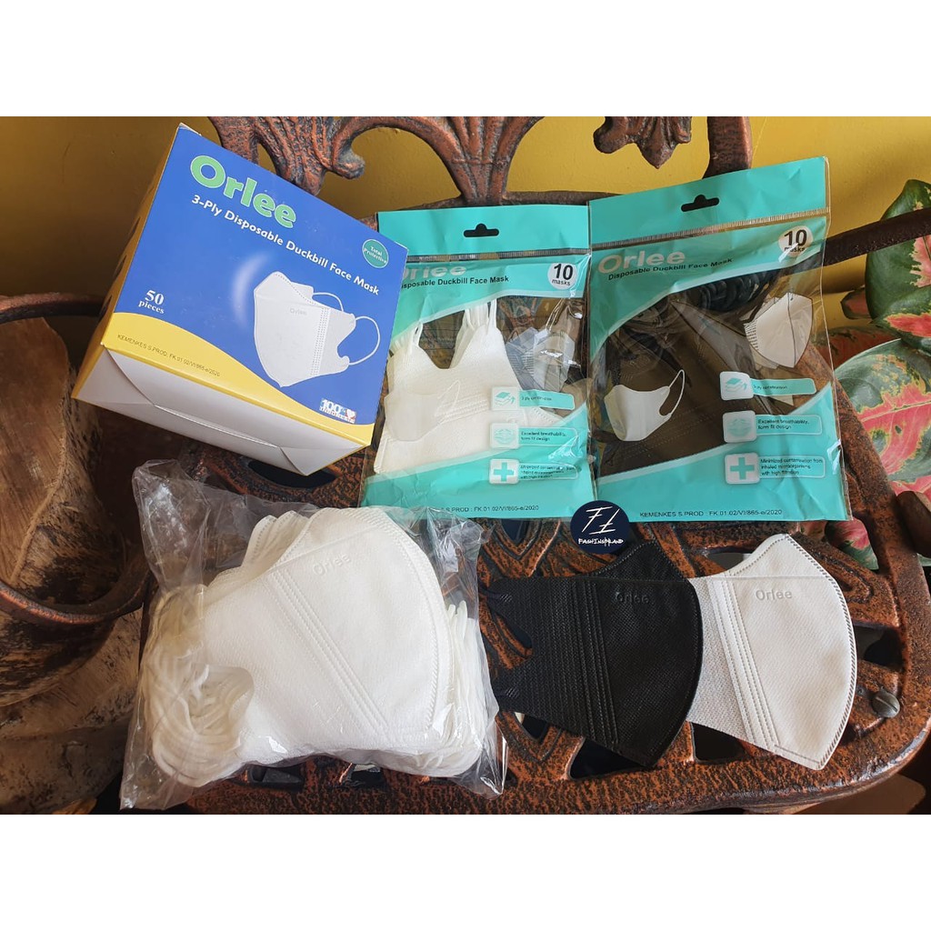 Masker ORLEE Duckbill Hitam Putih Earloop Non Sensi Hijab Headloop 3 Ply Isi 50 | 25 ORIGINAL BARU