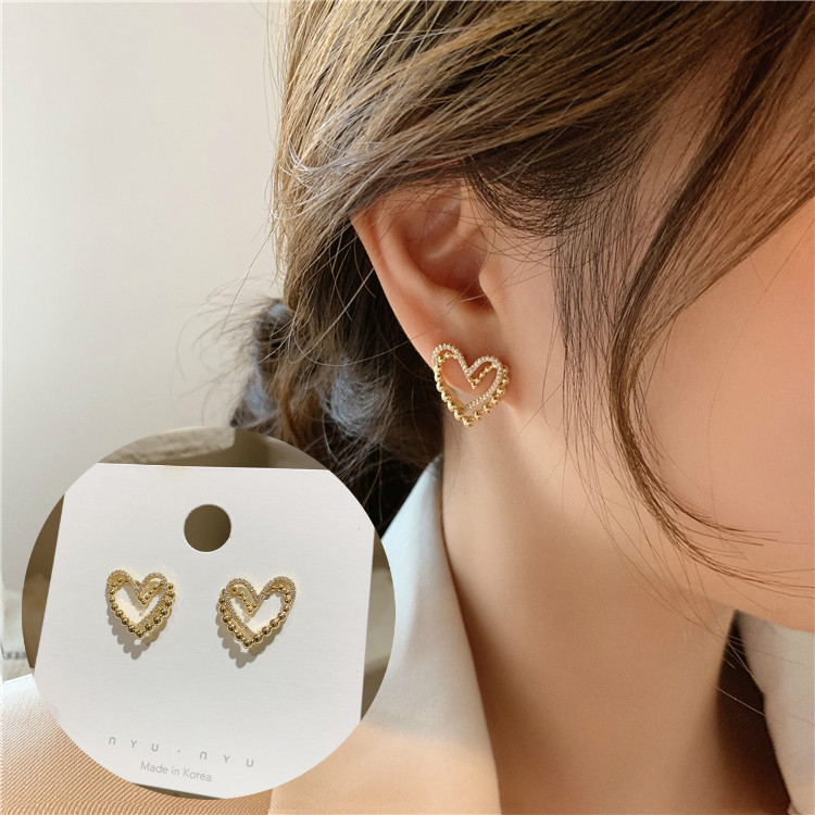 1 Pasang Anting S925 Silver Needle Double Layer Bentuk Hati Warna Emas Gaya Korea Untuk Wanita