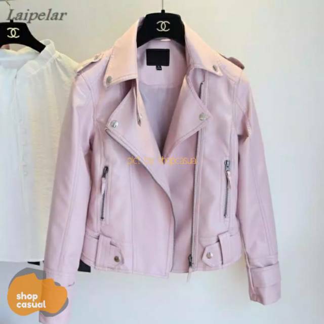 Jaket Kulit Wanita Naura Korea Style Pink Hitam Casual Semi Kulit