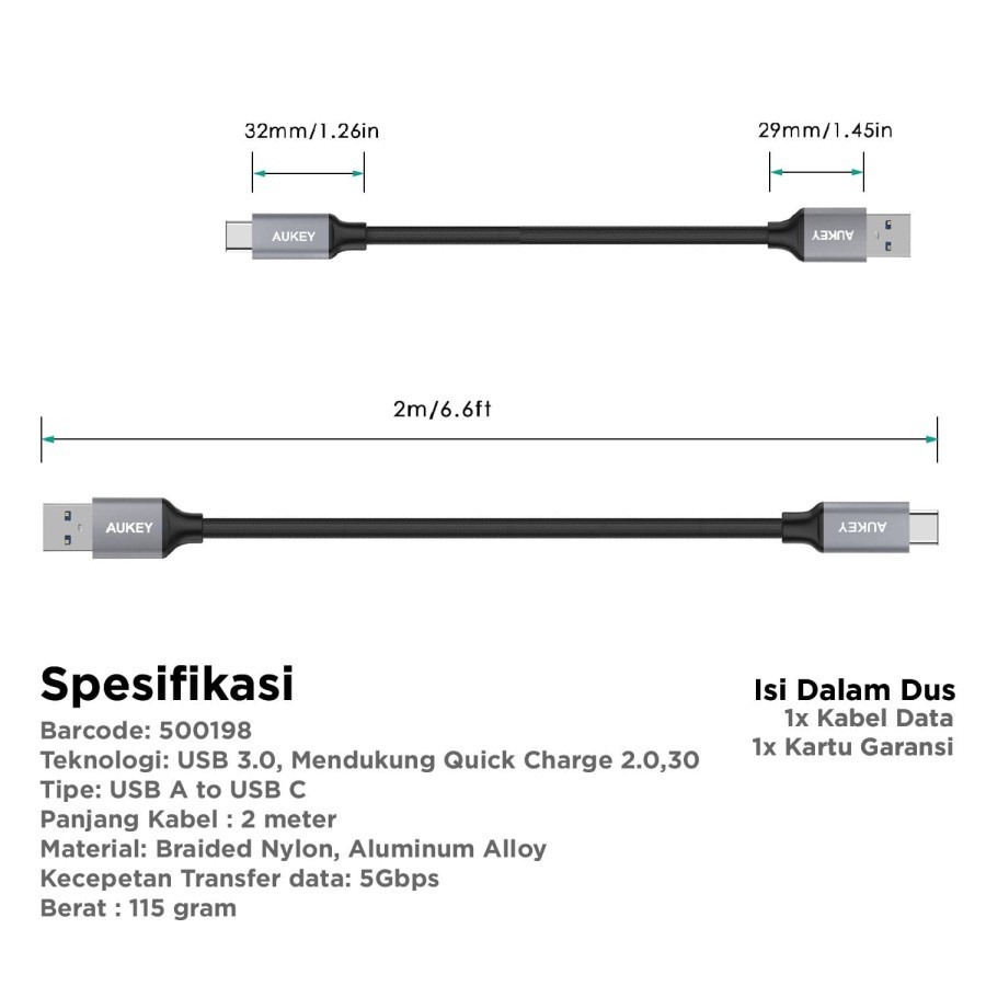 Aukey Kabel Charger USB Type C Sync Data Fast Charging 2 Meter CB-CD3