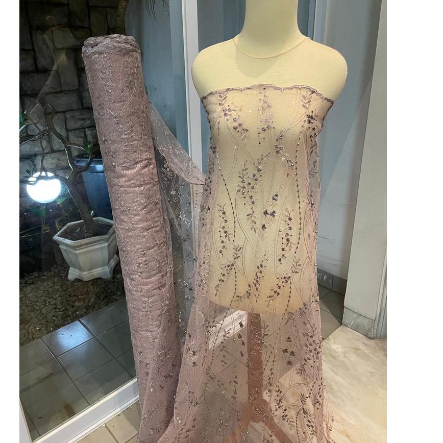 Bahan Kain Kebaya Brokat Brukat Tile Mutiara Mahogany Warna Hijau Sage Green ✓