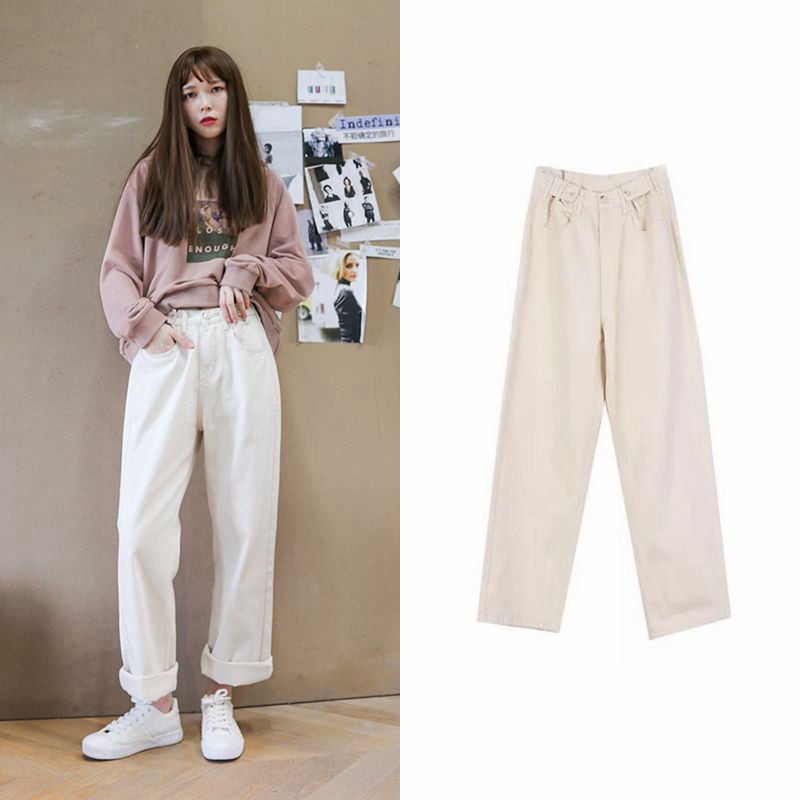 Celana Jeans Wanita High Waist Retro Korean Style Loose Straight-leg Pants