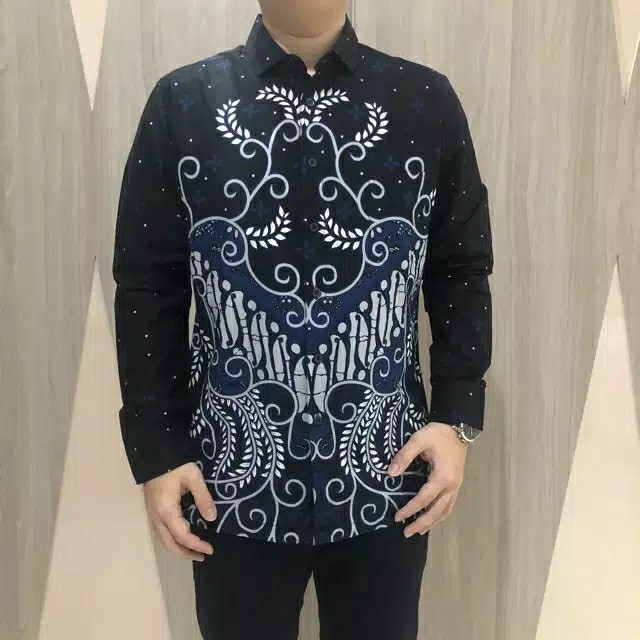 [gridline - Ls029 Blue & Maroon] Kemeja Batik Slimfit Pria Katun Lengan Panjang