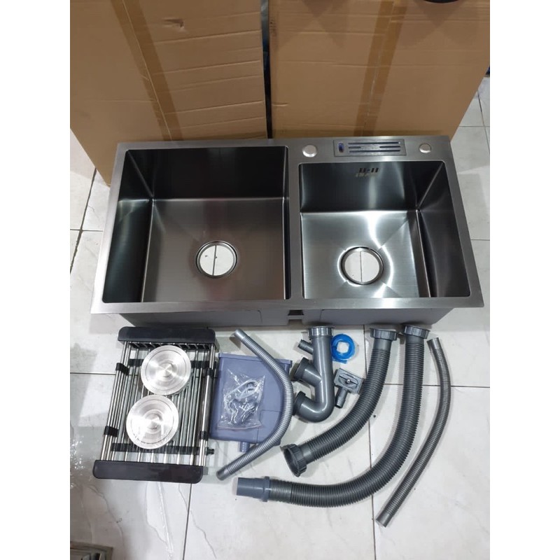 KITCHEN SINK BLACK HITAM / bak cuci piring 2 lubang stainless SUS304 tebal 3mm 82X45 ANTI KARAT