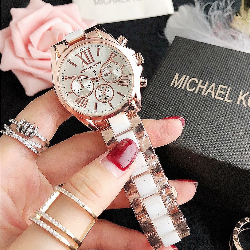 Michael Kors Jam Tangan Wanita MK Ceramic Strap Jam Tangan Quartz Bisnis Fashion Tiktok Hot-Putih