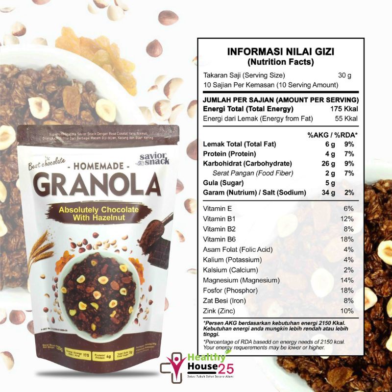 GRANOLA CRUNCHY ABSOLUTELY CHOCOLATE WITH HAZELNUT - SEREAL MAKANAN SEHAT SARAPAN PRAKTIS BERGIZI TINGGI NUTRISI BAHAN ORGANIK ALAMI TANPA PENGAWET - HIGH QUALITY - SAVIOR SNACK - GRANOLA BEST CHOCOLATE 120g