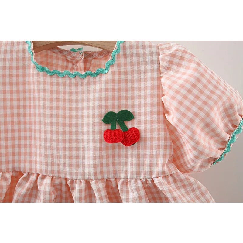 [COD] dress anak perempuan ala korea lengan pendek motif ceri blue &amp; pink usia 2 tahun impor / babylovanta