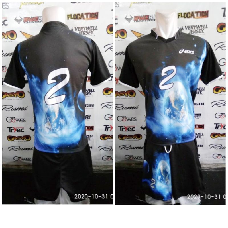 Setelan kostum baju celana voli Asics bahan kaos volly tebal pe super printing volley ball terbaru