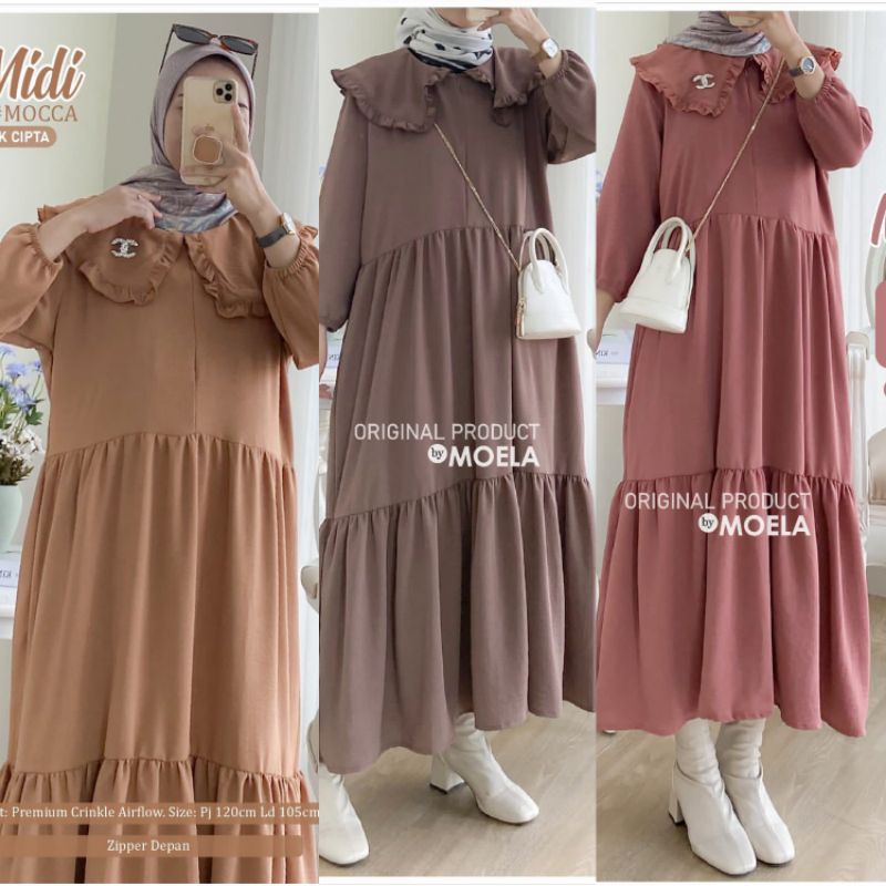 Midi Dress Muslim Cringkle crinkle kringkel Gamis Remaja Terbaru Premium Rempel Susun Ori Moela