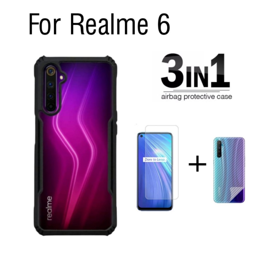 Case Realme 6 Paket 3in1 Hardcase + Tempered Glass + Skin Carbon Hp Paket TG