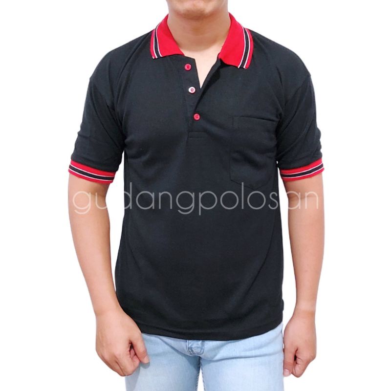 GP Kaos Polo/Polo Shirt/Kaos Kerah Lengan Pendek Hitam Kerah Merah