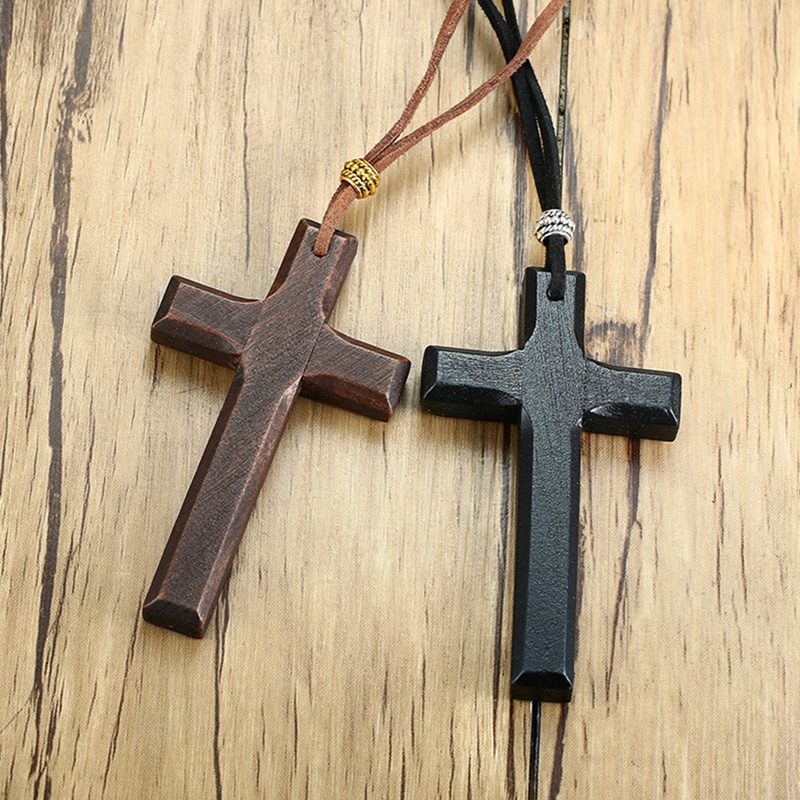 Wooden Cross Necklace On Leather Cord For Men Pendant In Black Brown Tone Jesus Christ Lord Prayer Jewelry