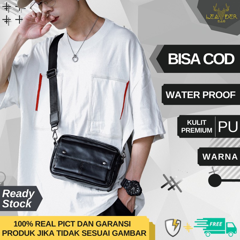 Tas Selempang Kulit Pria Original Model Terbaru Warna Hitam Atau Tas Kulit Cowok Import Waterproof