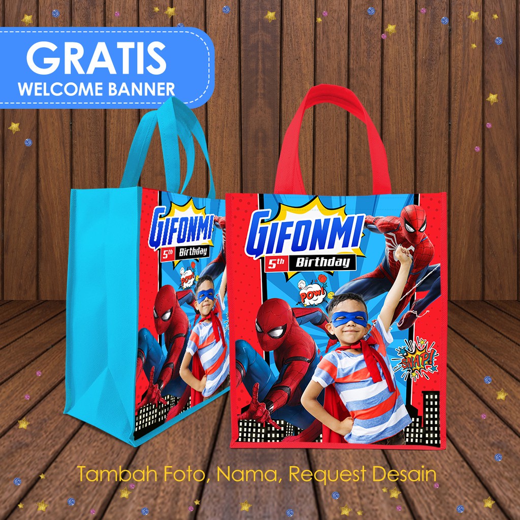 

Tas Ultah Anak / Tas Goodiebag Jinjing Perekat / Custom Desain Nama Foto dan Tema