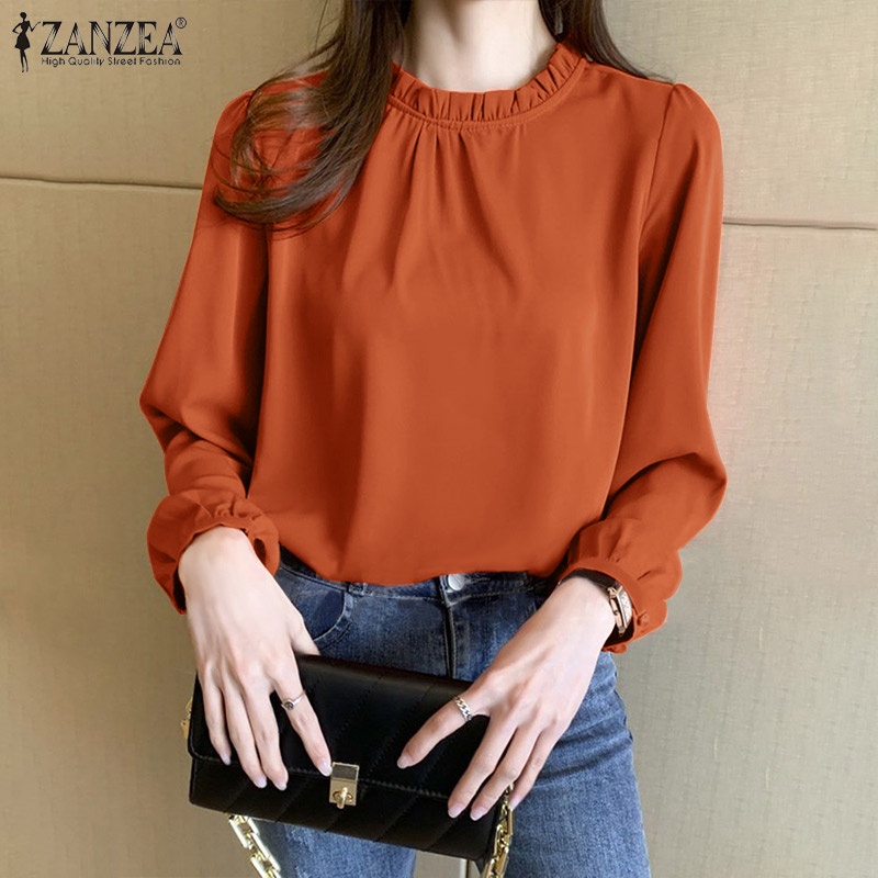 ZANZEA Women Full Sleeved Office OL Baggy Shirts O-Neck Tops Loose Blouse