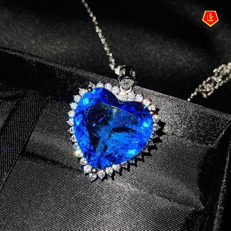 [Ready Stock]Tanzanite Sapphire Ocean Heart Pendant Emerald Necklace Elegant