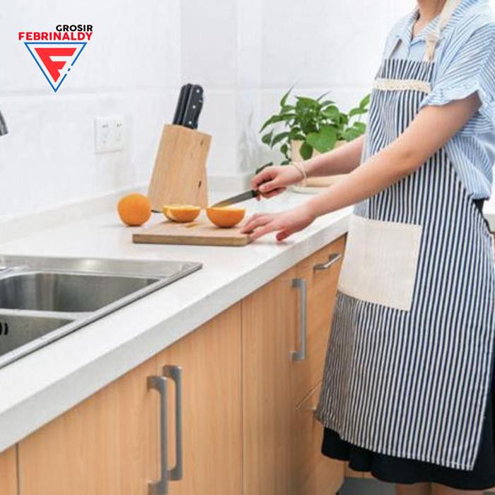 Celemek Dapur Salur Kain Katun Apron Restoran Koki Masak Cotton Import - Salur Biru