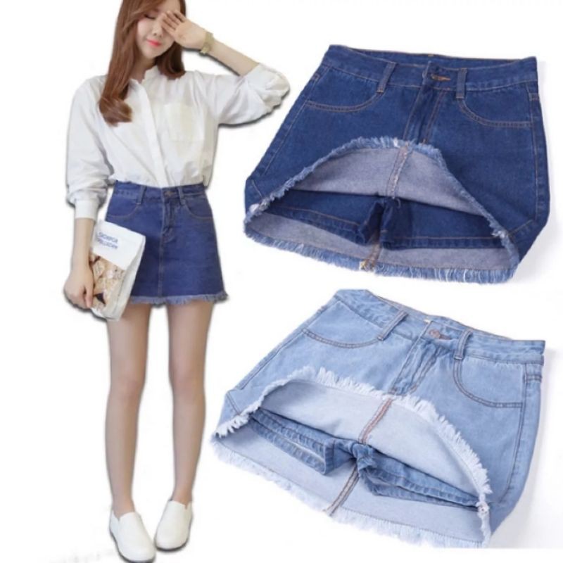 rok pendek jeans wanita kancing depan rawis