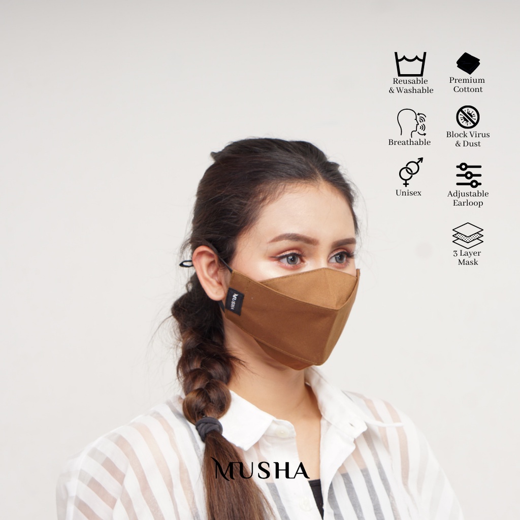 Musha 3D Mask - Brown | Masker Kain 3 Ply Earloop