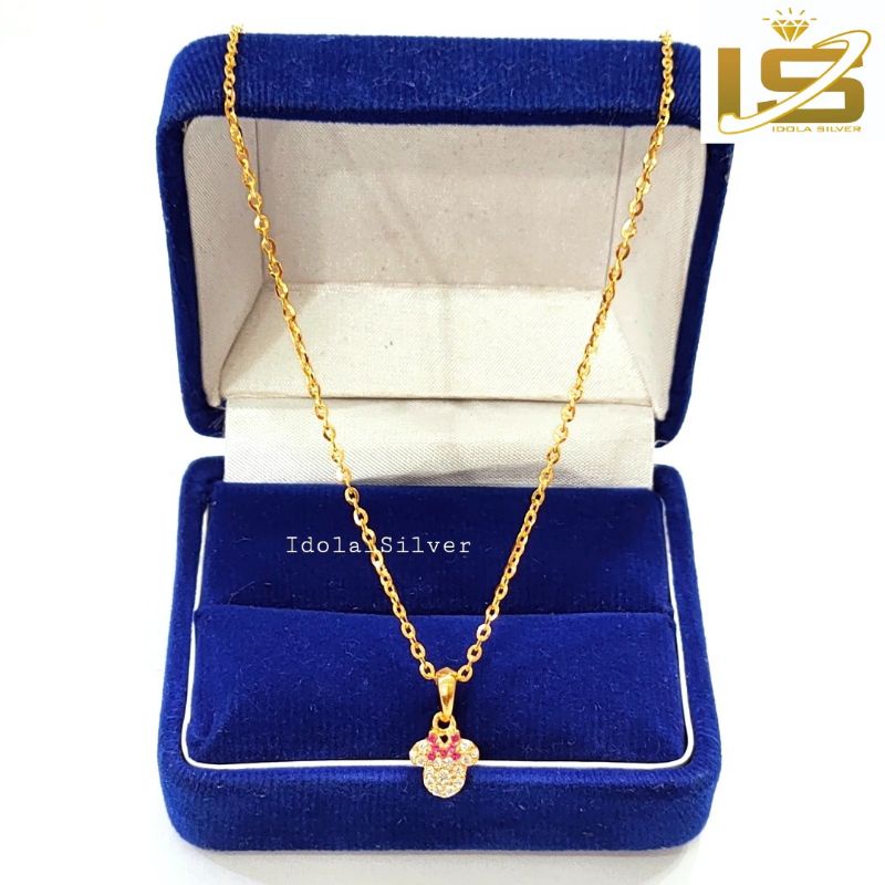 SET KALUNG PERAK ASLI SILVER 925 LAPIS EMAS PUTIH MODEL NORI POLOS LIONTIN MICKEYMOUSE PINK - PERHIASAN PERAK ANAK