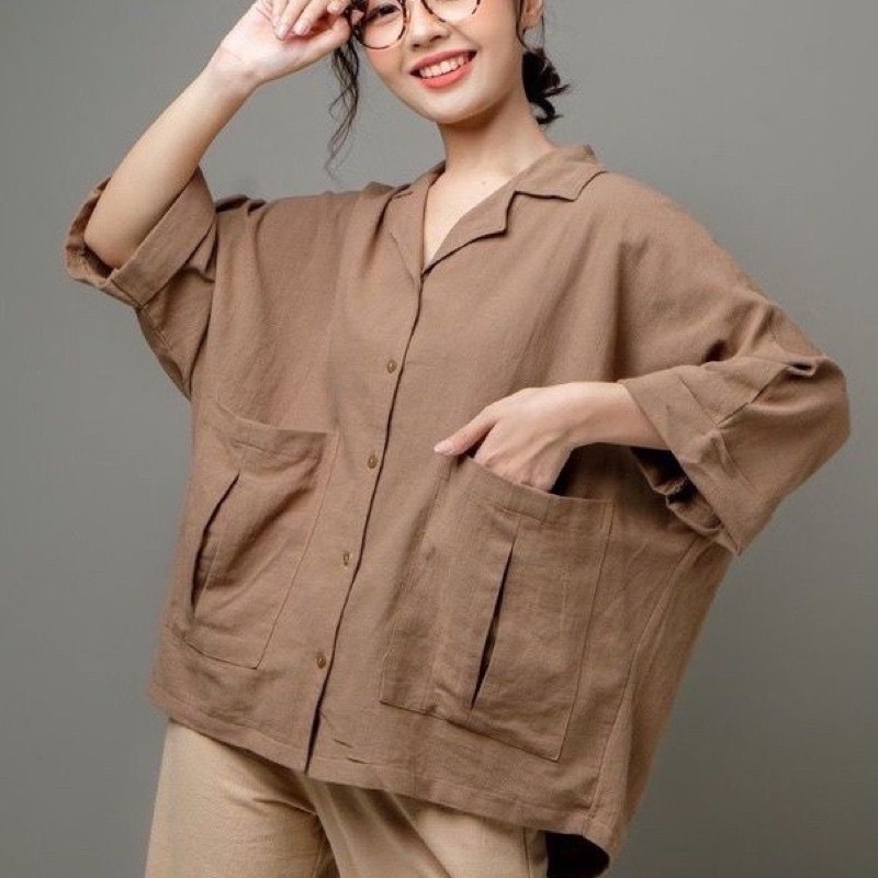 Kemeja Lengan Pendek Oversize Kemeja Alexa Linen Premium