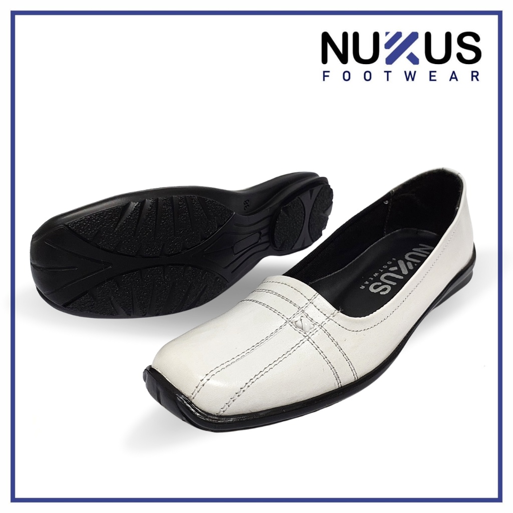 Nukus Sepatu Pantofel Flat Putih Wanita Kulit Sapi Asli - NPW P02