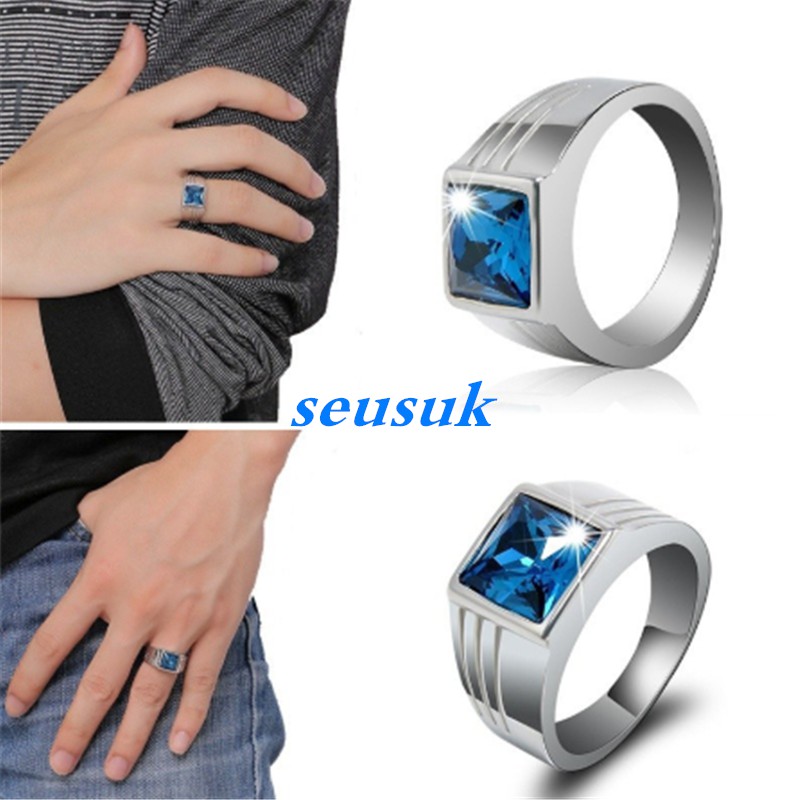 SEUSUK  Cincin Silver Hias Batu Safir Warna Biru Elegan Berkilau Untuk Pria/Pernikahan cincin