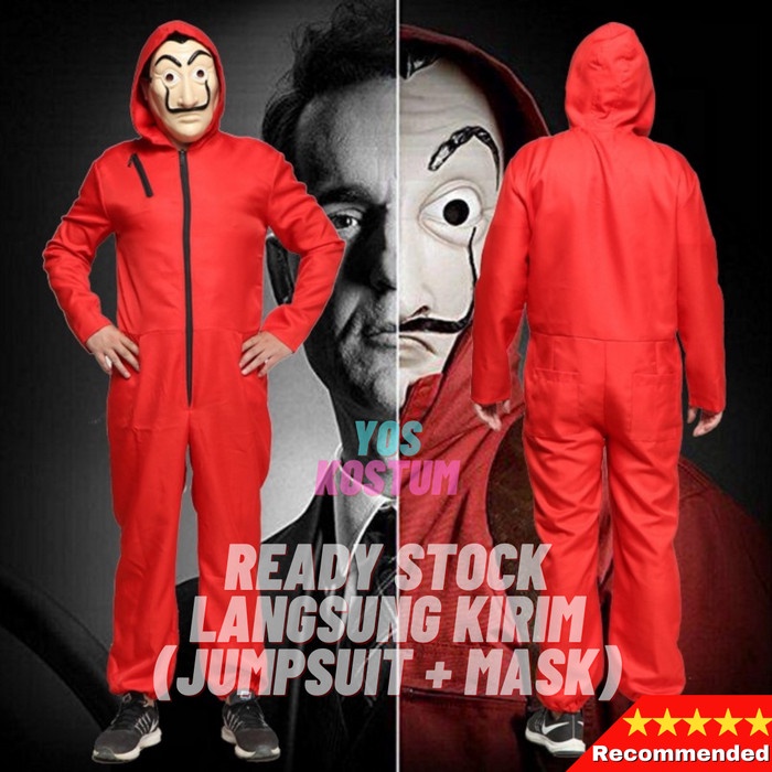 Kostum La Casa De Papel Money Heist Dewasa Import Jumpsuit Topeng Halloween Baju Karnaval