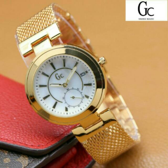 Jam Tangan Wanita GC Sand Rope Second Chrono Gold Dial White KW Super