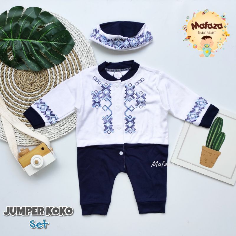 MAFAZABABY Set Jumper Romper Koko Bayi Baju Muslim Anak Bayi Laki-laki Newborn Koko Aqiqah(0-6bulan)-Motif 2 (navy)